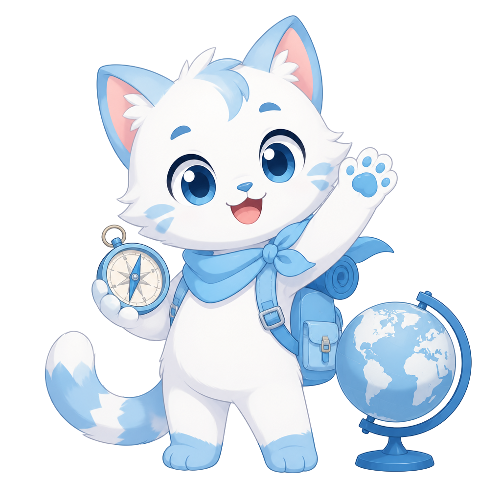Lumi the white and light-blue cat explorer waving, holding a compass beside a globe with a scarf and backpack